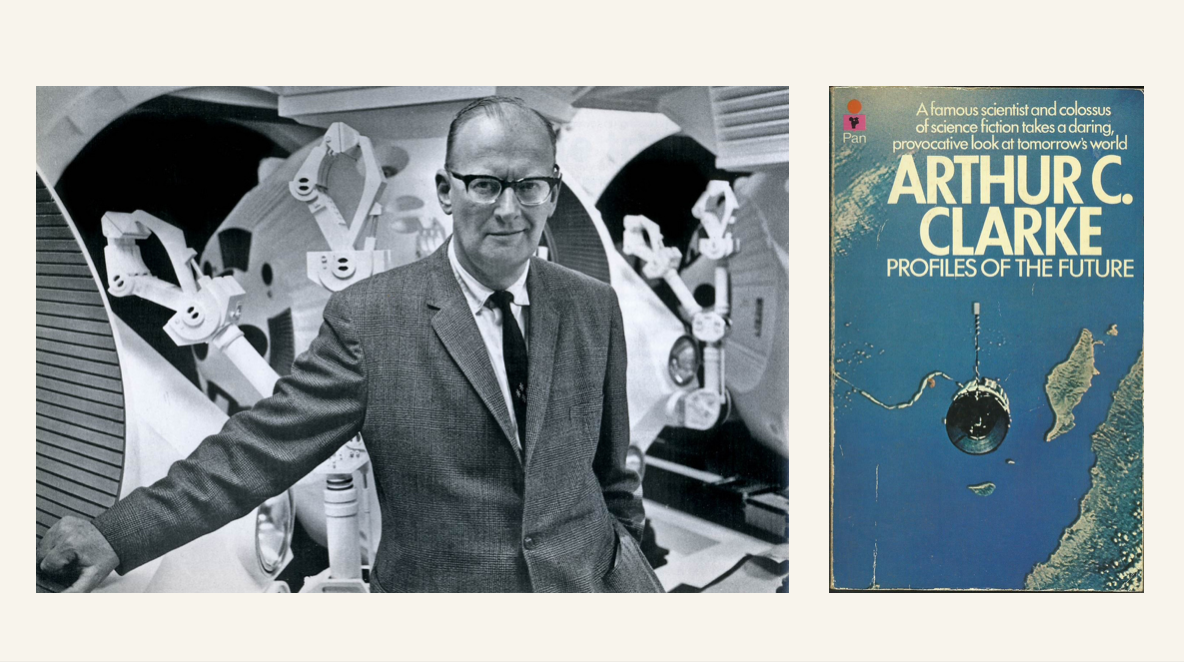 A photo of the author Arthur C Clarke, and the cover image of his book Profiles Of The Future
