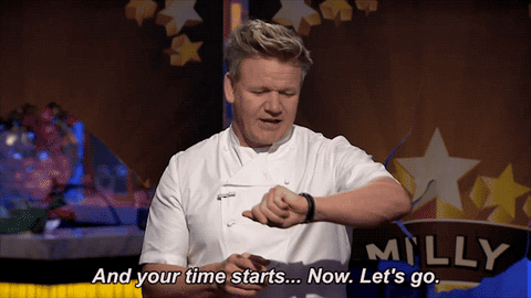 Gordon Ramsay saying "And you time starts now, let's go" as contestants run to their kitchens