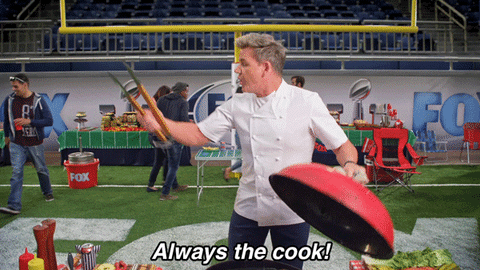 Gordon Ramsay cooking at a barbecue saying 'Always the cook'
