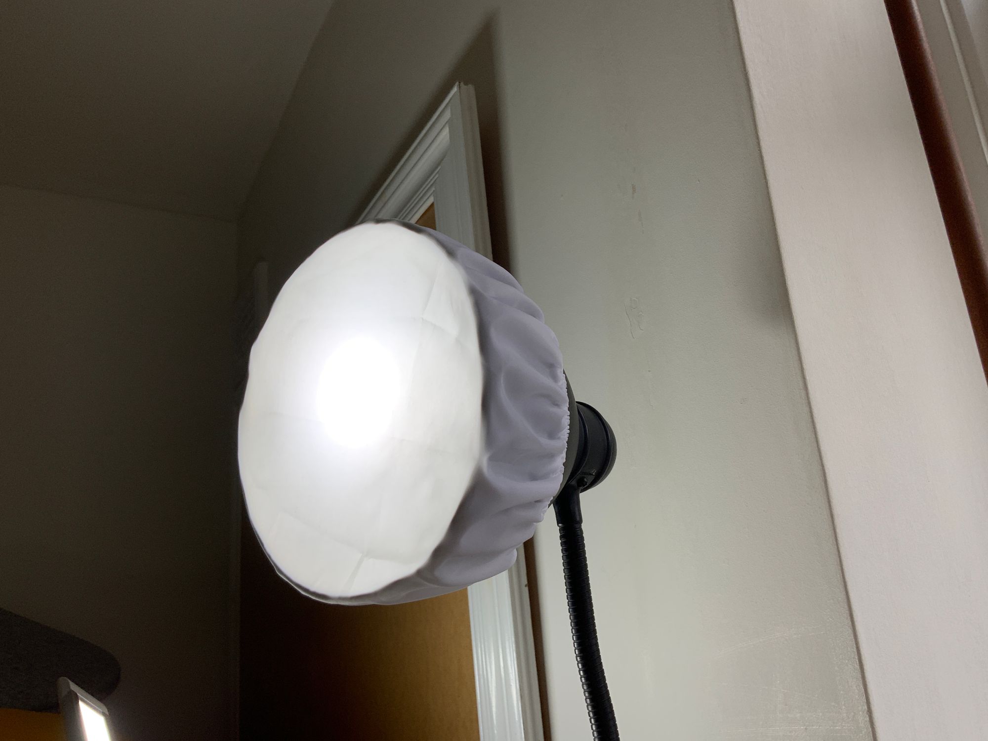 A basic Ikea floor-standing lamp with a professional lighting diffuser added