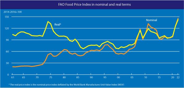 Graph of the FAO Food Price Index in nominal and real terms, 1961–2022