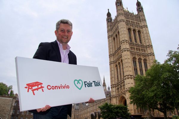 Steve Parks, Convivio's CEO, outside the Houses of Parliament, celebrating our award of the Fair Tax Mark